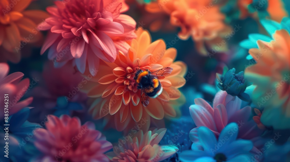 In a supernatural scene, a bumblebee buzzes through fields of enchanted flowers, its pollencovered body spreading magic and vibrant colors with every visit In a supernatural scene, a bumblebee buzzes through fields of enchanted flowers, its pollencovered body spreading magic and vibrant colors with every visit