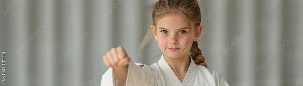 Girl practicing karate moves on training mat Girl practicing karate moves on training mat