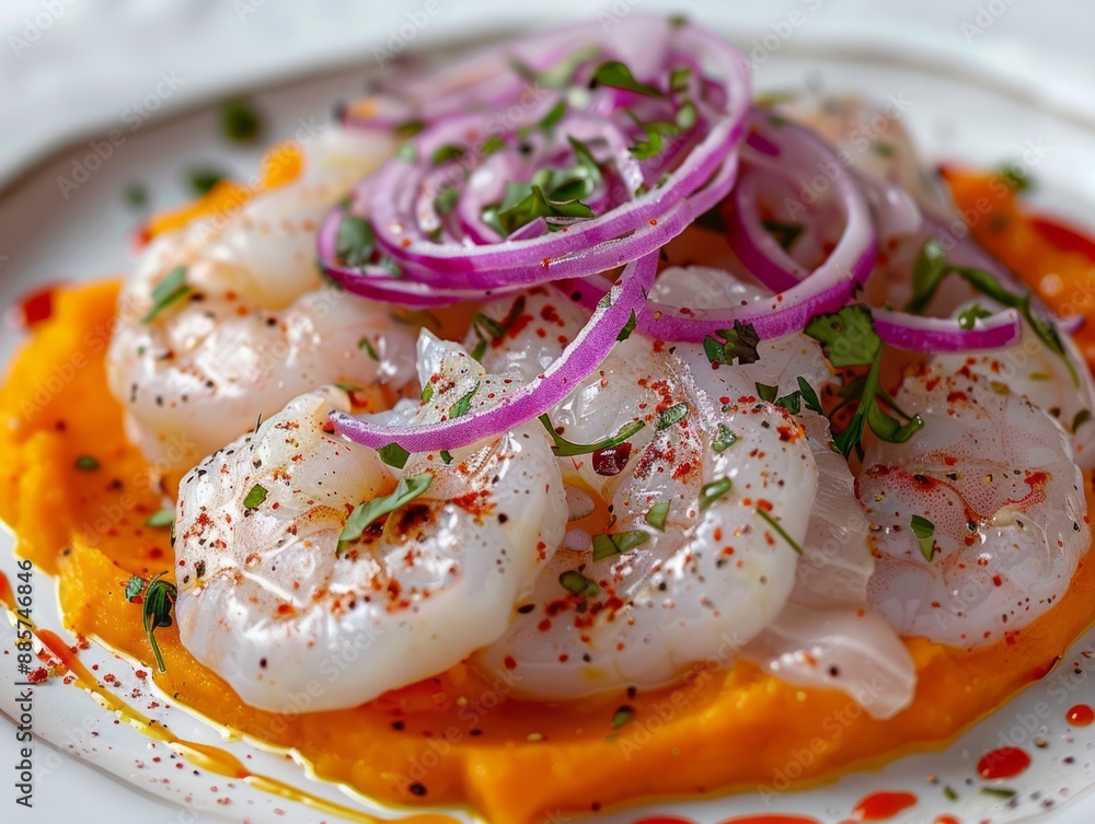 A plate of Peruvian seafood ceviche served in a restaurant setting A plate of Peruvian seafood ceviche served in a restaurant setting