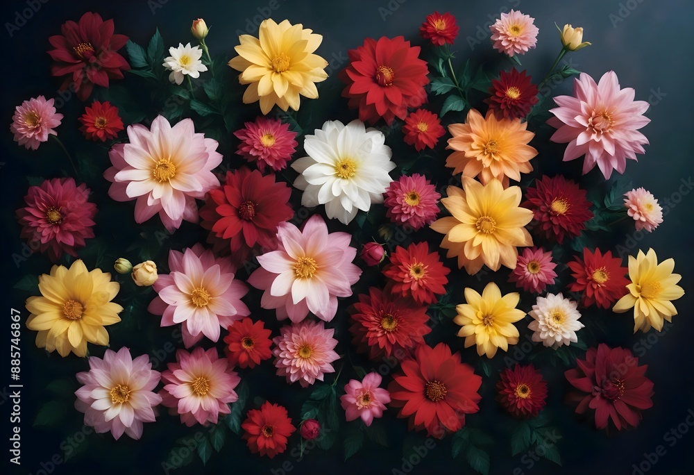 Concept photo of top view of colorful flowers on black background Concept photo of top view of colorful flowers on black background