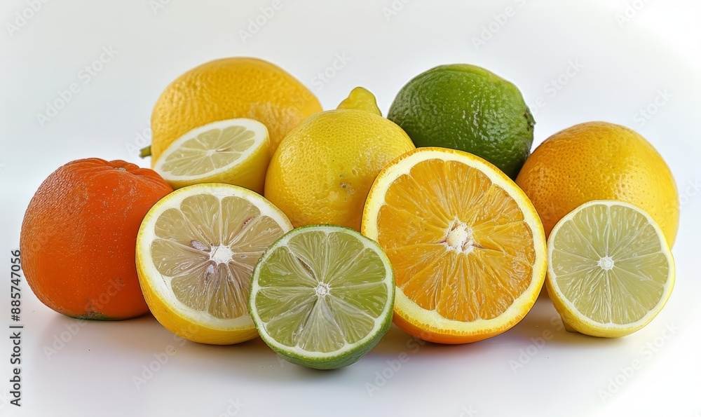 Citrus fruit mix: oranges, lemons, limes on white background Citrus fruit mix: oranges, lemons, limes on white background
