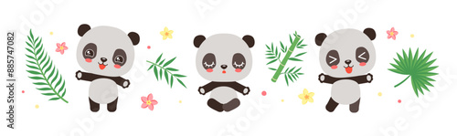 Kawaii panda chibi character. Cute Chinese bear panda symbol of China. Cartoon asian animal adorable funny panda bear with bamboo and tropical palm leaves. Children vector illustration.