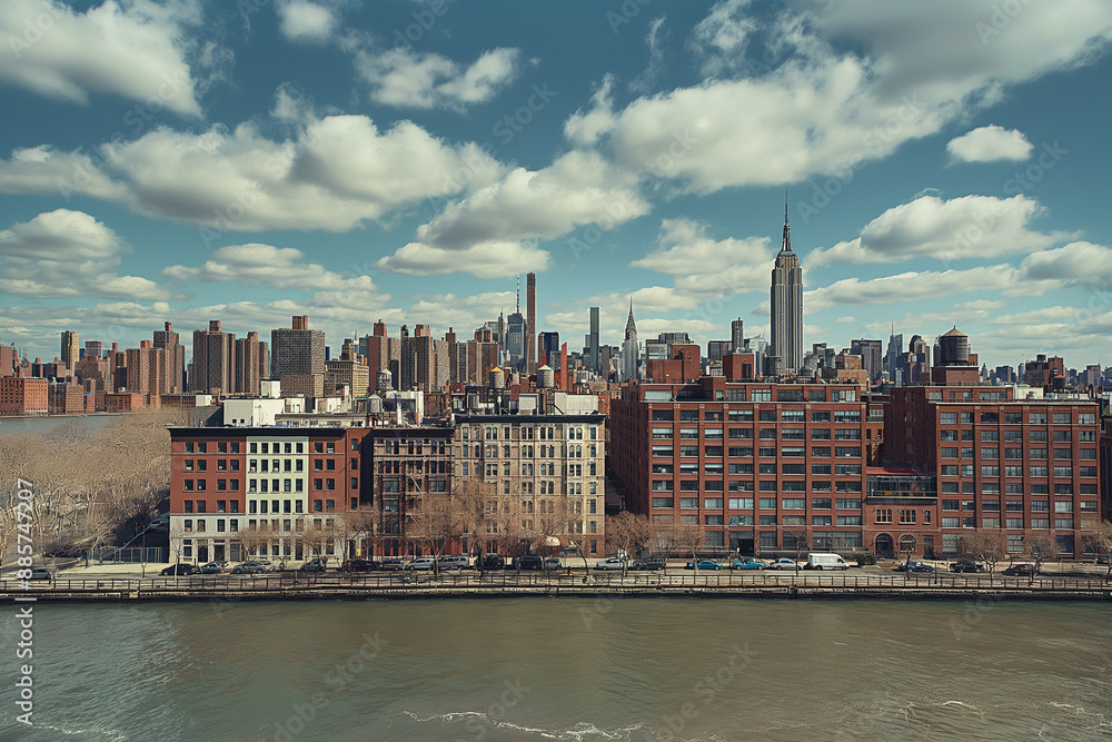 Obraz premium Landscape photography of New York City, USA.East River embankment, bird's eye view.