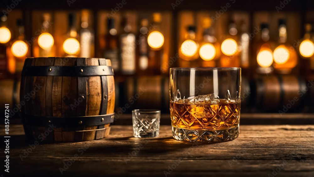 Glass of whiskey, barrel on an old background Glass of whiskey, barrel on an old background