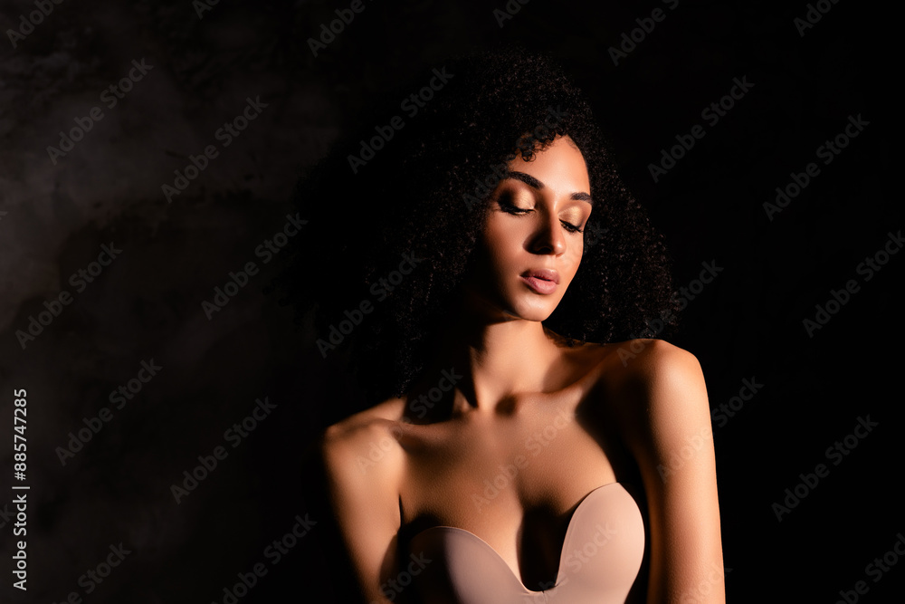 Photo of dreamy teasing lady nude shoulders enjoying herself empty space isolated concrete black color wall Photo of dreamy teasing lady nude shoulders enjoying herself empty space isolated concrete black color wall