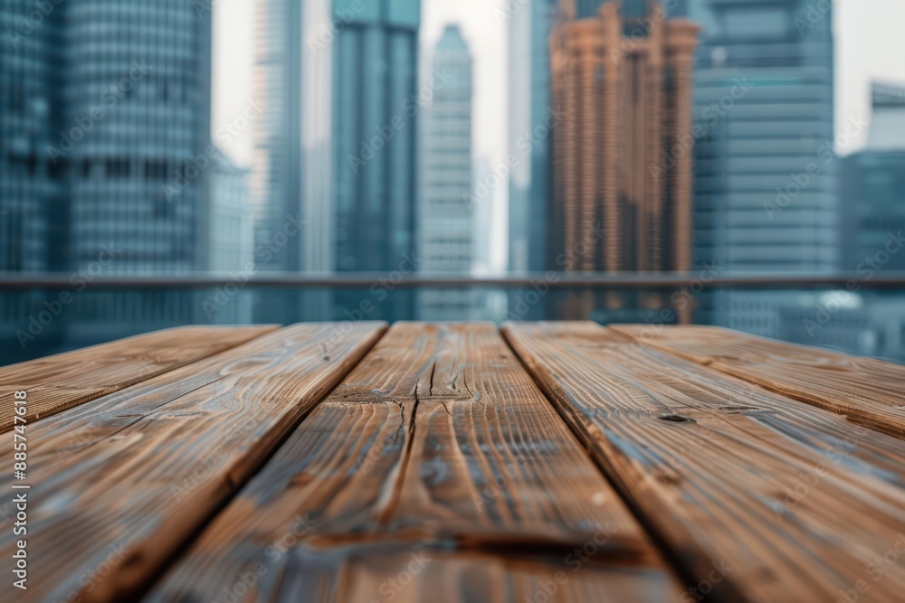 In the midst of a bustling city, a selected focus empty wooden table with copy space awaits its next visitor In the midst of a bustling city, a selected focus empty wooden table with copy space awaits its next visitor