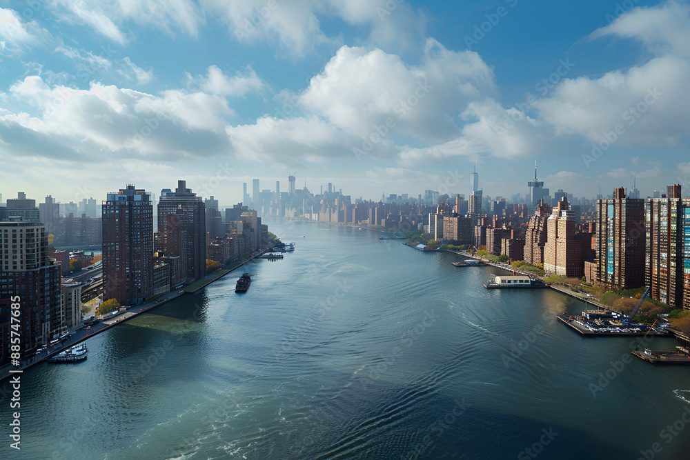 Obraz premium A landscape view of the East River Strait in New York, USA. Bird's-eye view