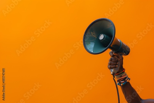 Black hand holding Megaphone on orange background