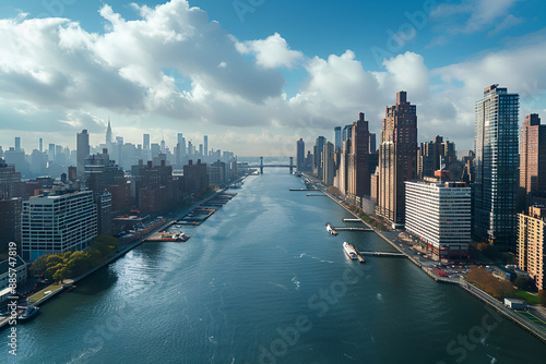 A landscape view of the East River Strait in New York, USA. Bird's-eye view photo