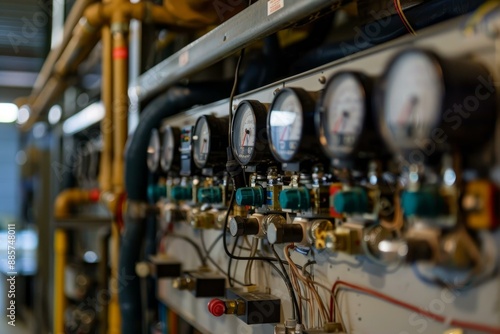 Close up of industrial pressure gauge control panel with precision measurement equipment. Technology dials