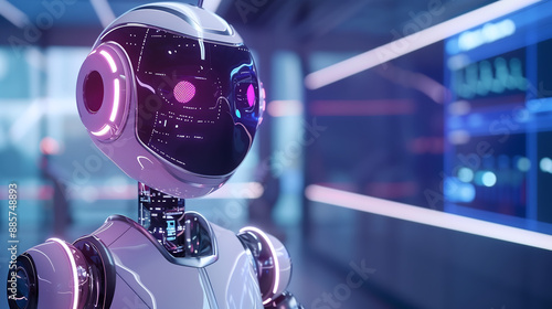 sleek futuristic robot with illuminated eyes in a high tech environment, symbolizing advanced robotics and artificial intelligence in a modern setting