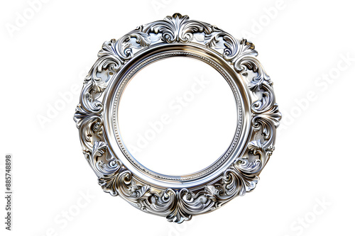 Antique baroque silver wooden round picture frame isolated on transparent background. Decorative elegant luxury frame design, rococo style. PNG, cutout. photo