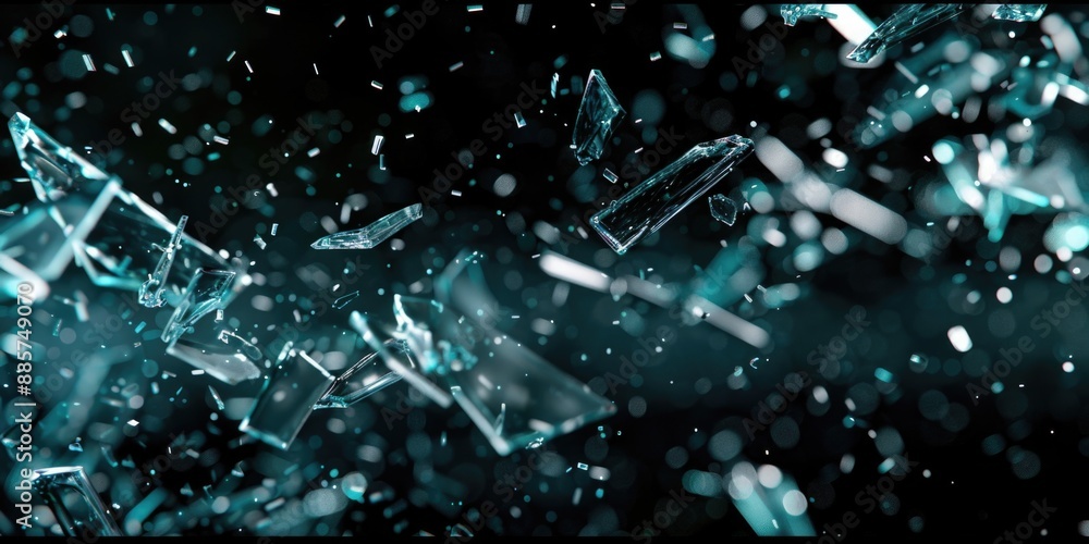 A bunch of broken glass pieces suspended in mid-air, a result of sudden and chaotic destruction A bunch of broken glass pieces suspended in mid-air, a result of sudden and chaotic destruction