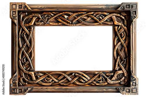 Antique сeltic wooden rectangular picture frame isolated on transparent background. Decorative intricate detailed frame design, knot carvings style. PNG, cutout.