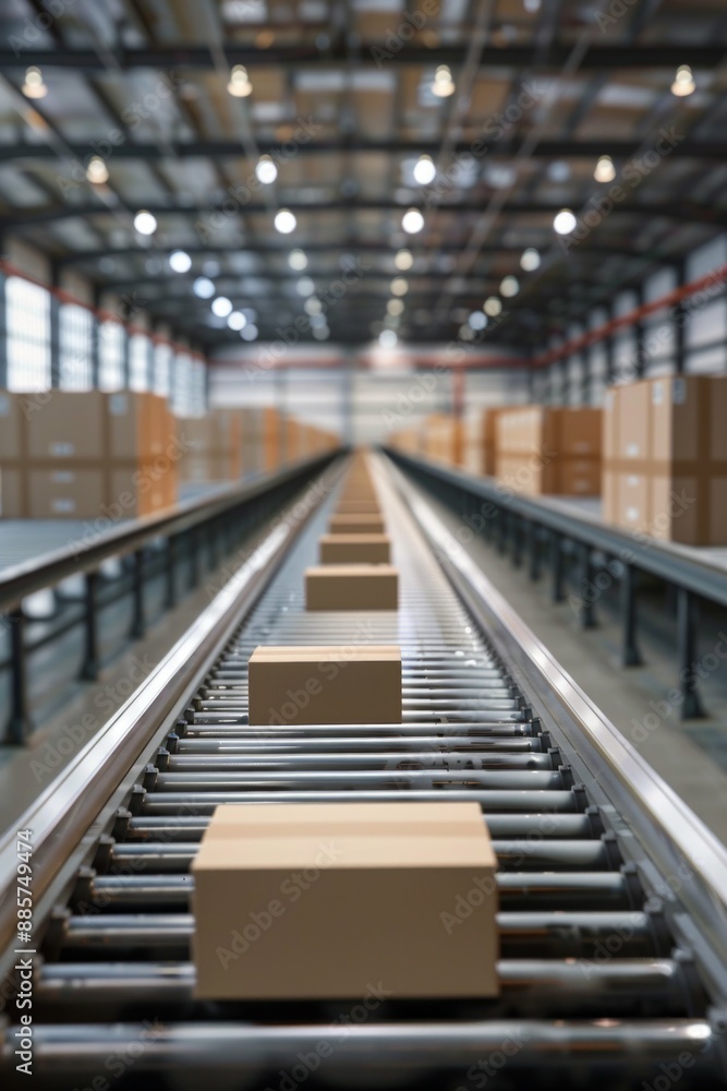 Fototapeta premium Conveyor belt in distribution warehouse with cardboard box packages for e-commerce delivery