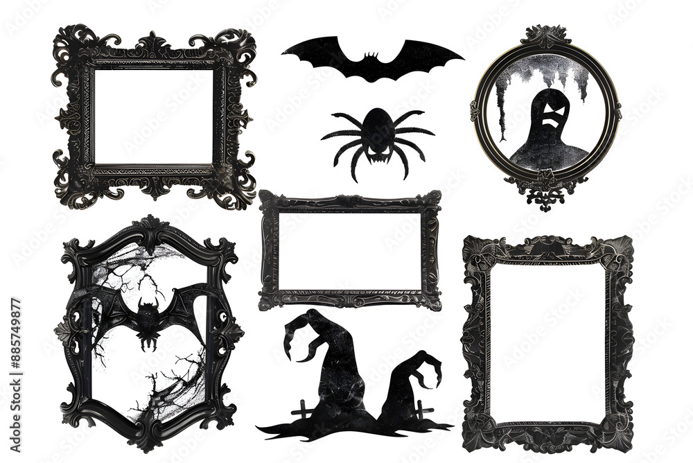 Set of antique halloween picture frames with holiday elements isolated on transparent background. Decorative spooky, mystery, horror scrapbooking objects design. PNG, cutout. Set of antique halloween picture frames with holiday elements isolated on transparent background. Decorative spooky, mystery, horror scrapbooking objects design. PNG, cutout.
