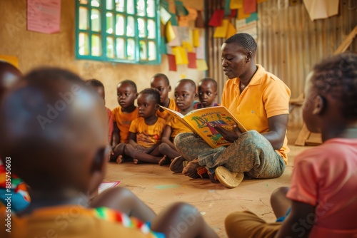 Engaged teacher reading to attentive children in a warm, cozy classroom setting