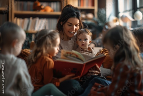 A caring teacher engrossed in reading a storybook to attentive children in a classroom