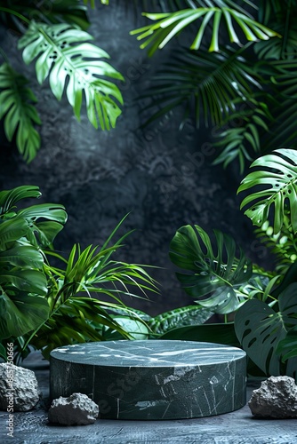 Stone podium for product presentation mockup with tropical leaves on dark background