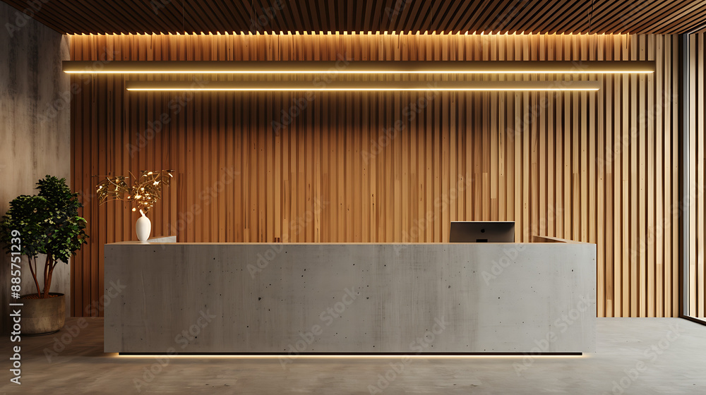 a modern reception area with a long concrete reception desk against wooden panel walls a modern reception area with a long concrete reception desk against wooden panel walls