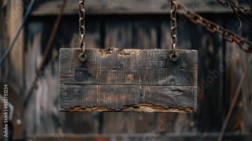 A rustic wooden sign suspended by a chain, perfect for use in rustic or vintage-themed designs