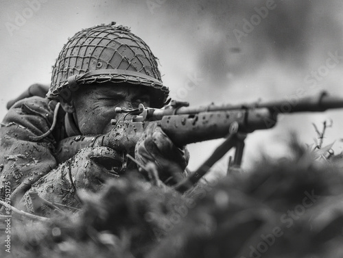 Old photo where an American soldier points a rifle into a trench in wartime.