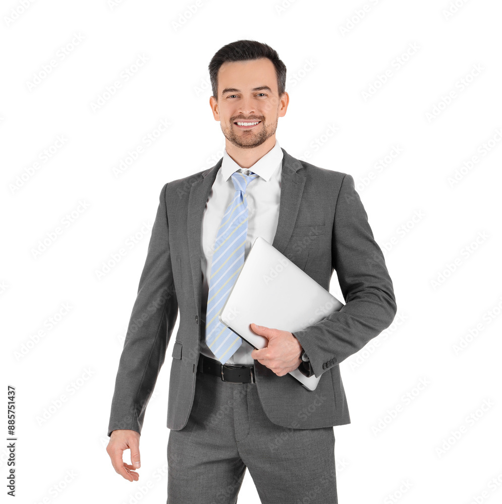 Handsome businessman in suit with laptop on white background Handsome businessman in suit with laptop on white background