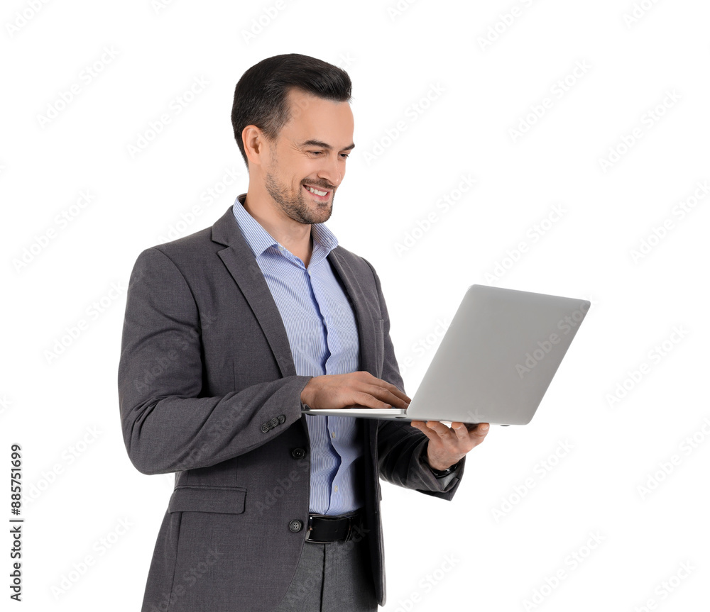 Handsome businessman in suit using laptop on white background Handsome businessman in suit using laptop on white background