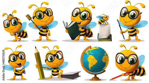 Cartoon cute bee character with glasses back to school series with different poses. Cute Bee holding pencil, holding book, carry blackboard and globe. Bee mascot set illustration photo