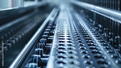 A conveyor belt in a industrial manufacturing facility with many buttons and machinery, suitable for use in business or technology related contexts