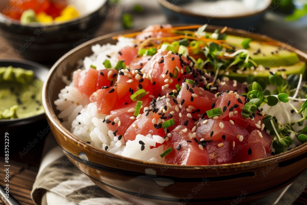 Bowl of tuna poke with rice, avocado, and greens, garnished with sesame seeds. Bowl of tuna poke with rice, avocado, and greens, garnished with sesame seeds.