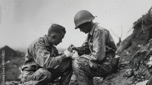 In this old photo, an American soldier treats the wound of a fellow soldier in a muddy battlefield.
