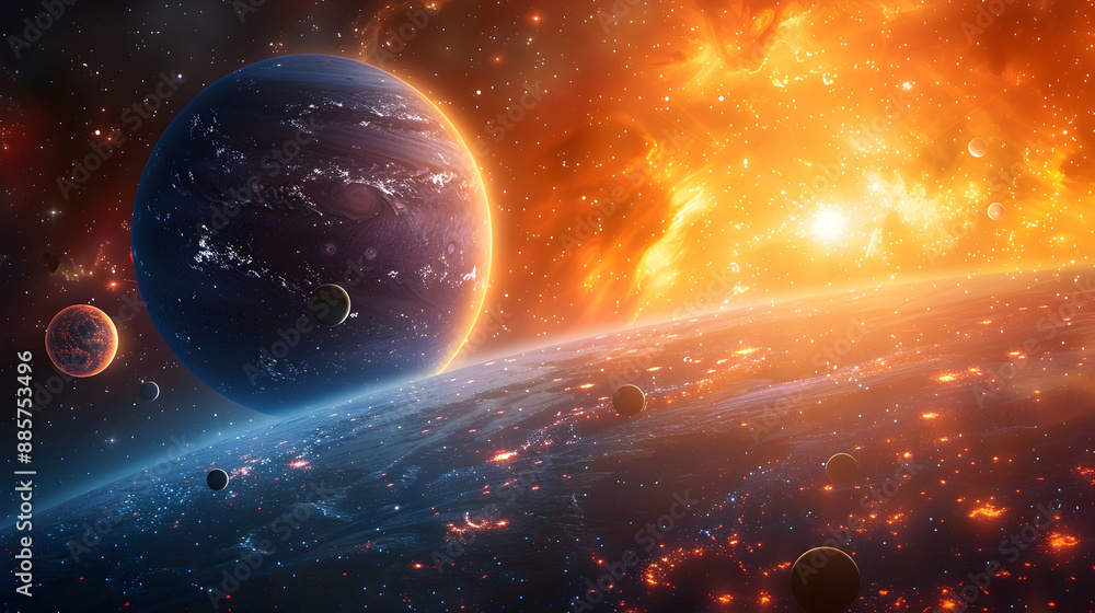 Obraz premium A solar planet in a vibrant cosmic scene with multiple moons and stars