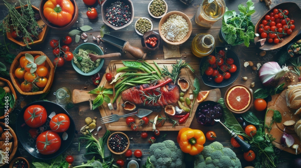 Colorful Ingredients and Herbs on Wooden Table Colorful Ingredients and Herbs on Wooden Table