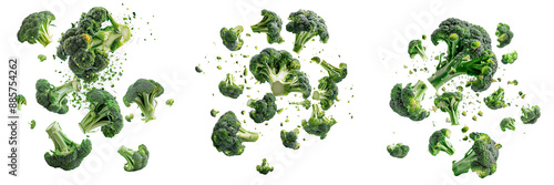 Set of A Broccoli falling from above, spread out and distant from each other, on a transparent background