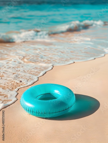 Close Up of a blue inflatable Swimming Ring on the Beach