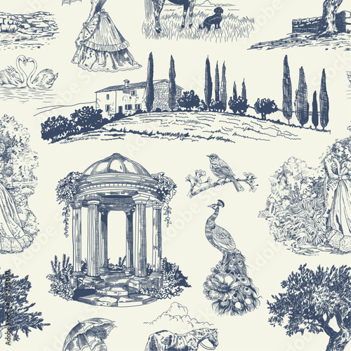 Abstract Victorian seamless pattern with hand drawn illustration with country life, couple villager in Toile de jouy style. Retro elegance blue Chinoiserie print. Vintage wallpaper for bedroom