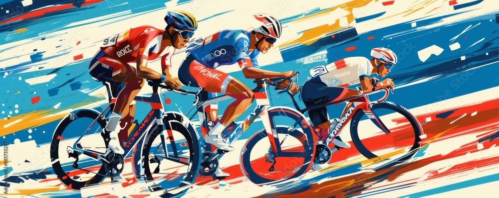 Fototapeta premium Dynamic Olympic cycling race with athletes wearing vibrant jerseys