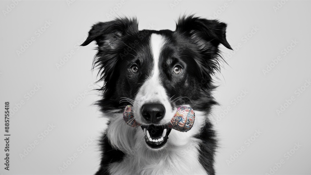 A black and white dog with a toy in its mouth, AI A black and white dog with a toy in its mouth, AI
