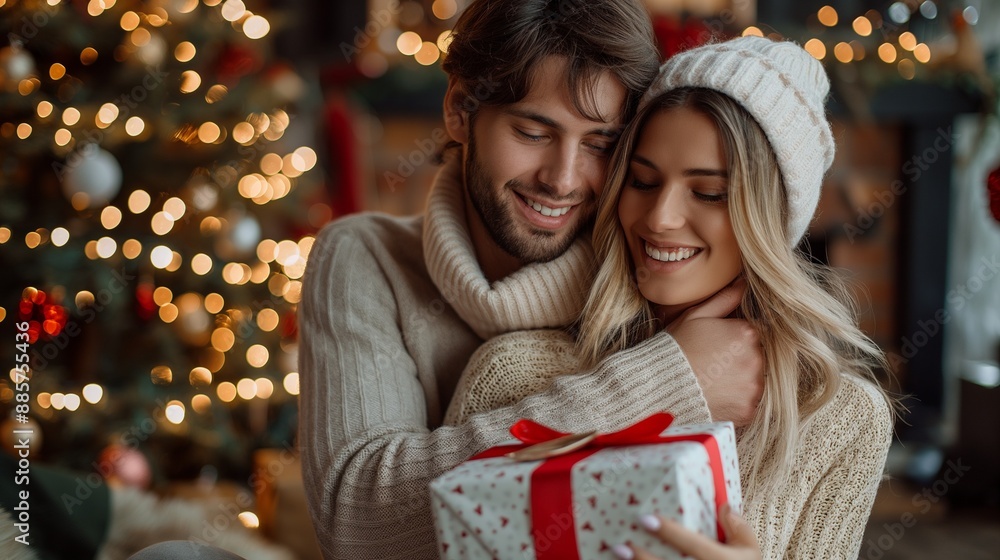 Couple give presents to each other under the mistletoe during Christmas time Couple give presents to each other under the mistletoe during Christmas time
