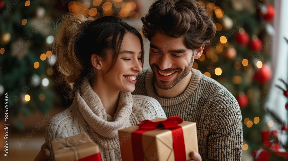 Couple give presents to each other under the mistletoe during Christmas time Couple give presents to each other under the mistletoe during Christmas time