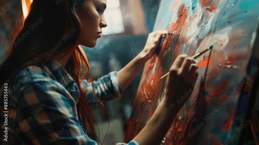 Artist at work in a well-lit studio, surrounded by canvases and artistic supplies Artist at work in a well-lit studio, surrounded by canvases and artistic supplies