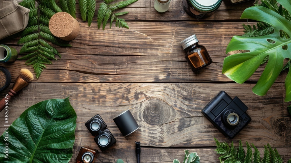 Natural Beauty Products and Green Leaves on Wood Natural Beauty Products and Green Leaves on Wood