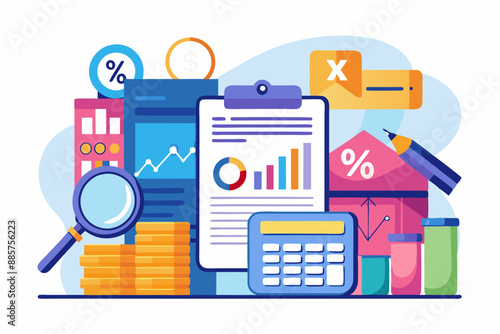 Concept tax payment. Tax Data analysis, paperwork, financial research report and calculation of tax return. Payment of debt. Government state taxes. Flat vector illustration