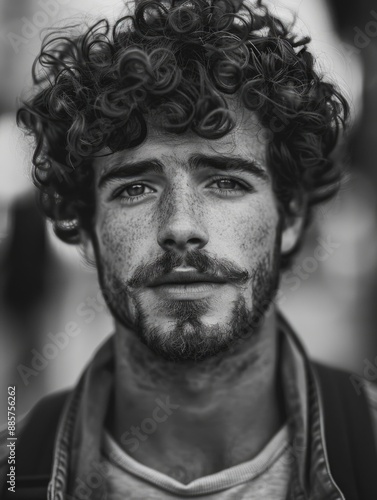 A close-up portrait of a man with curly hair, shot in black and white