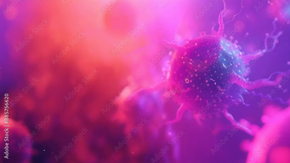 Close-up view of viruses under a microscope with bright red and purple hues. This scientific image captures the intricate structure and details of virus particles, showcasing the complexity and Close-up view of viruses under a microscope with bright red and purple hues. This scientific image captures the intricate structure and details of virus particles, showcasing the complexity and