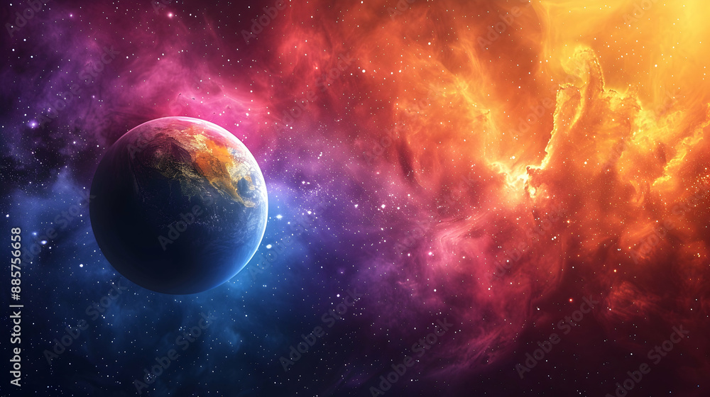 A solar planet surrounded by colorful cosmic dust and twinkling stars A solar planet surrounded by colorful cosmic dust and twinkling stars