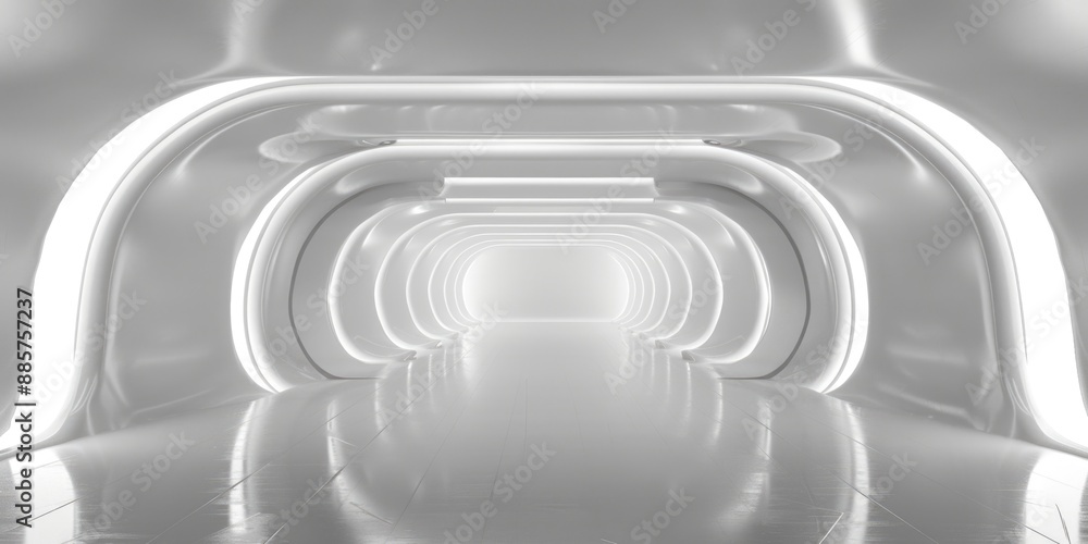 A bright light shines at the end of a long white tunnel, potential symbol of hope or guidance A bright light shines at the end of a long white tunnel, potential symbol of hope or guidance