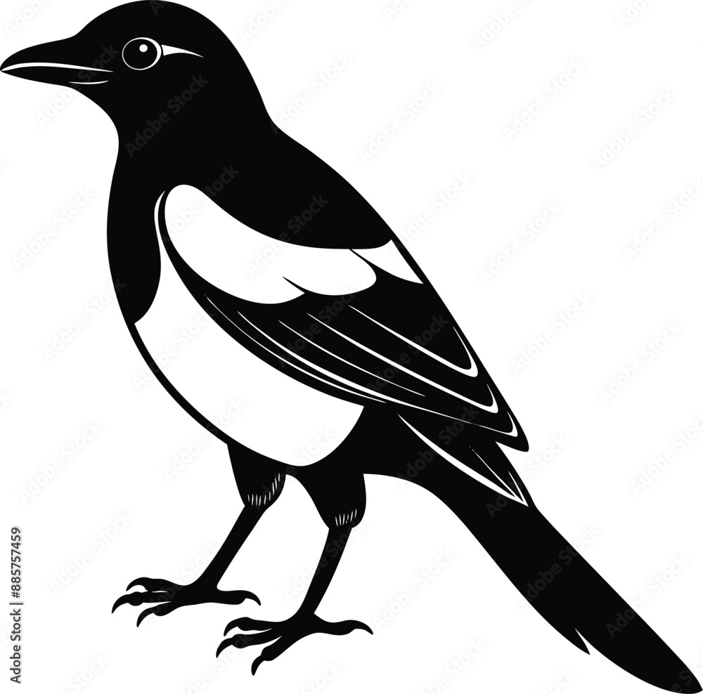 Magpie silhouette on white background, Vector illustration Magpie silhouette on white background, Vector illustration