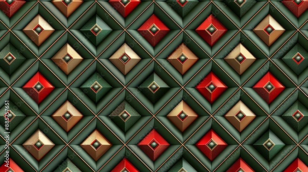 Luxurious abstract geometric pattern with rich green, red and gold tones, featuring intricate details and a plush texture Luxurious abstract geometric pattern with rich green, red and gold tones, featuring intricate details and a plush texture